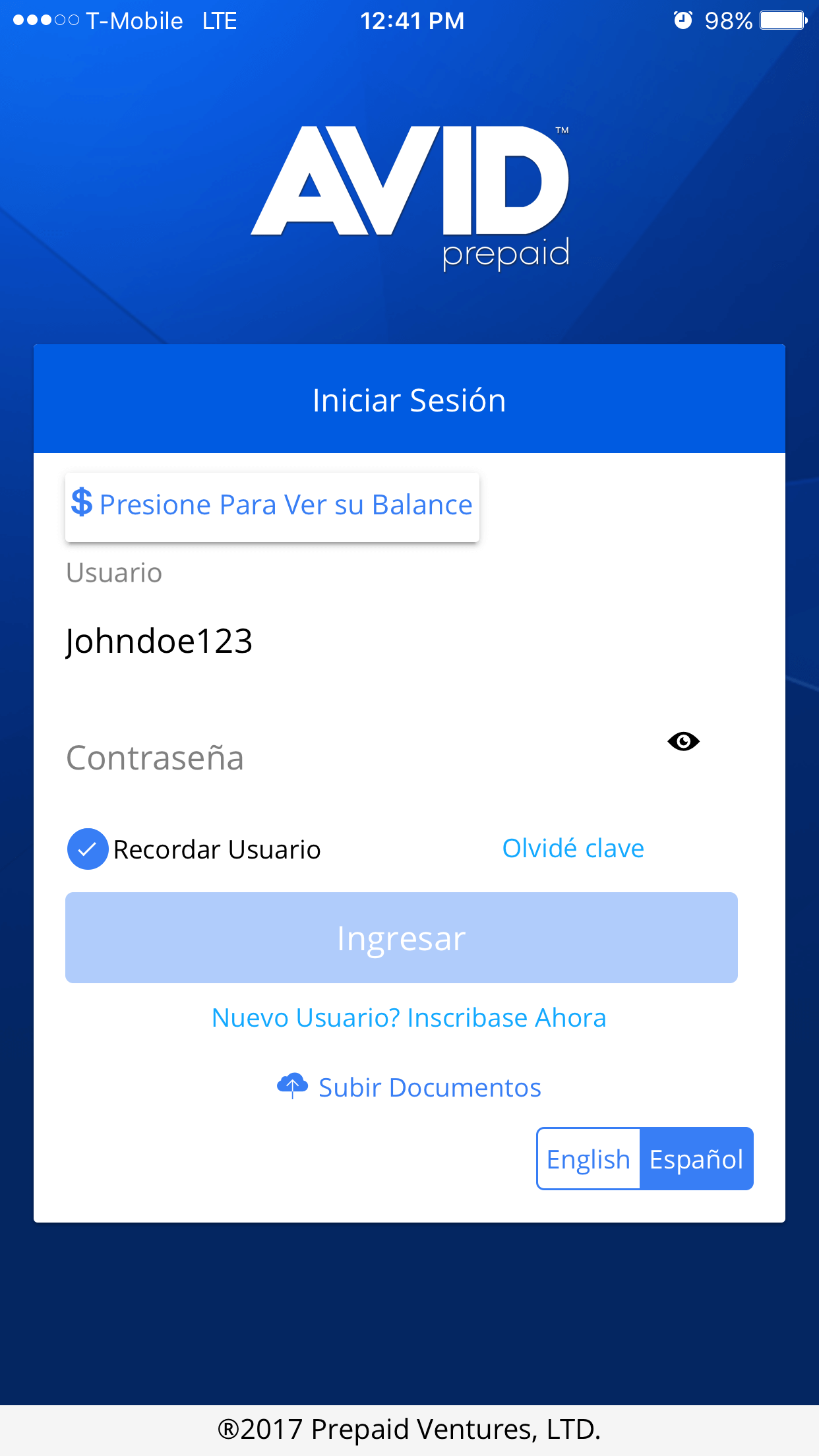 Avid Prepaid Mobile App's login screen with options to preview the balance, upload a document, or enroll now.