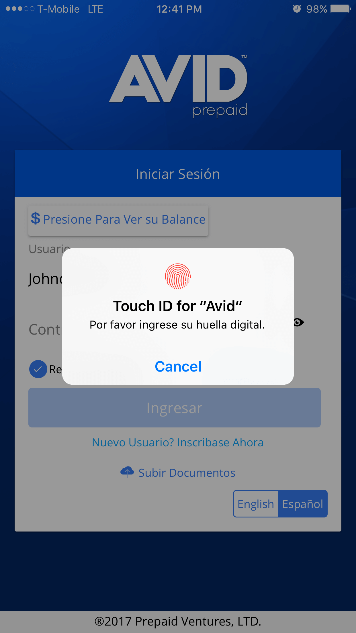 Avid Prepaid Mobile App's fingerprint scan to login.