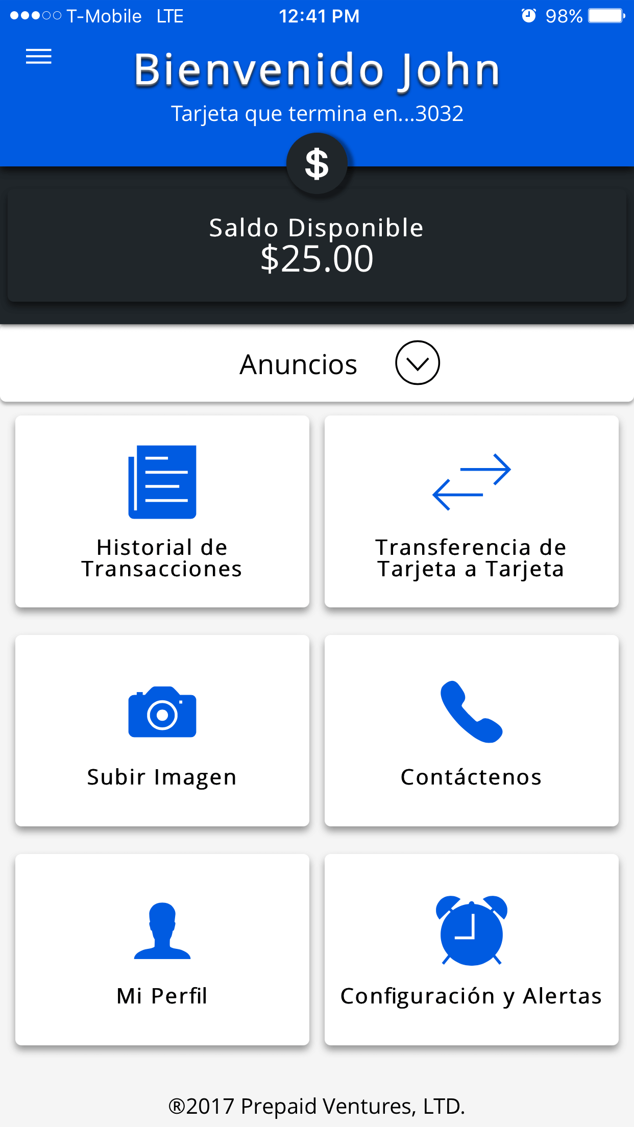 Avid Prepaid Mobile App's account overview page with various tiles: Transaction History, Card to Card Transfer, Image Upload, Contact Us, My Profile and Settings & Alerts.