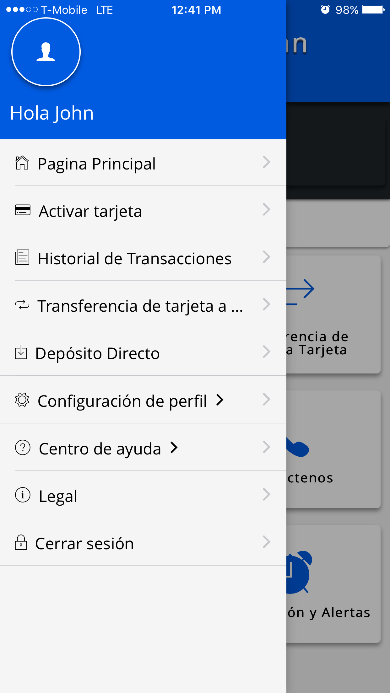 Avid Prepaid Mobile App's navigation menu.