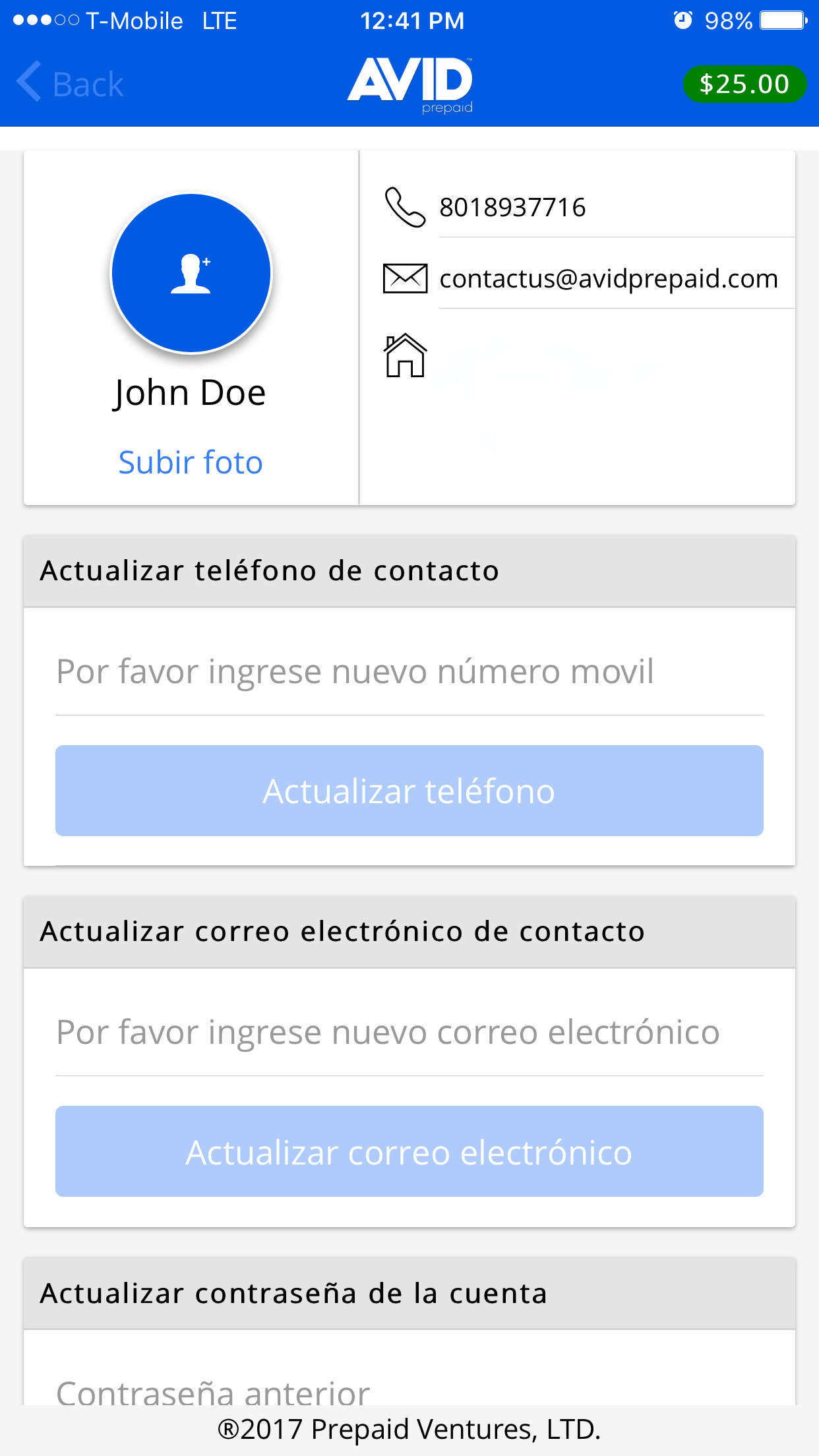 Avid Prepaid Mobile App's profile settings page where the user can update their phone, email and password.